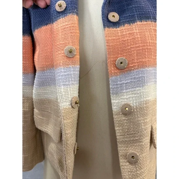 Tory Burch Striped Tweed Cropped Blazer Size 2 Neutral Multi Summer‎ Workwear - Picture 11 of 12
